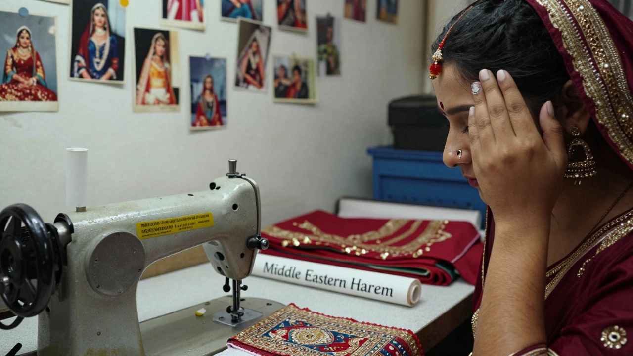 A dancer touches a bindi while mass-produced &#039;exotic&#039; costumes are sewn in a factory filled with cultural reference photos.