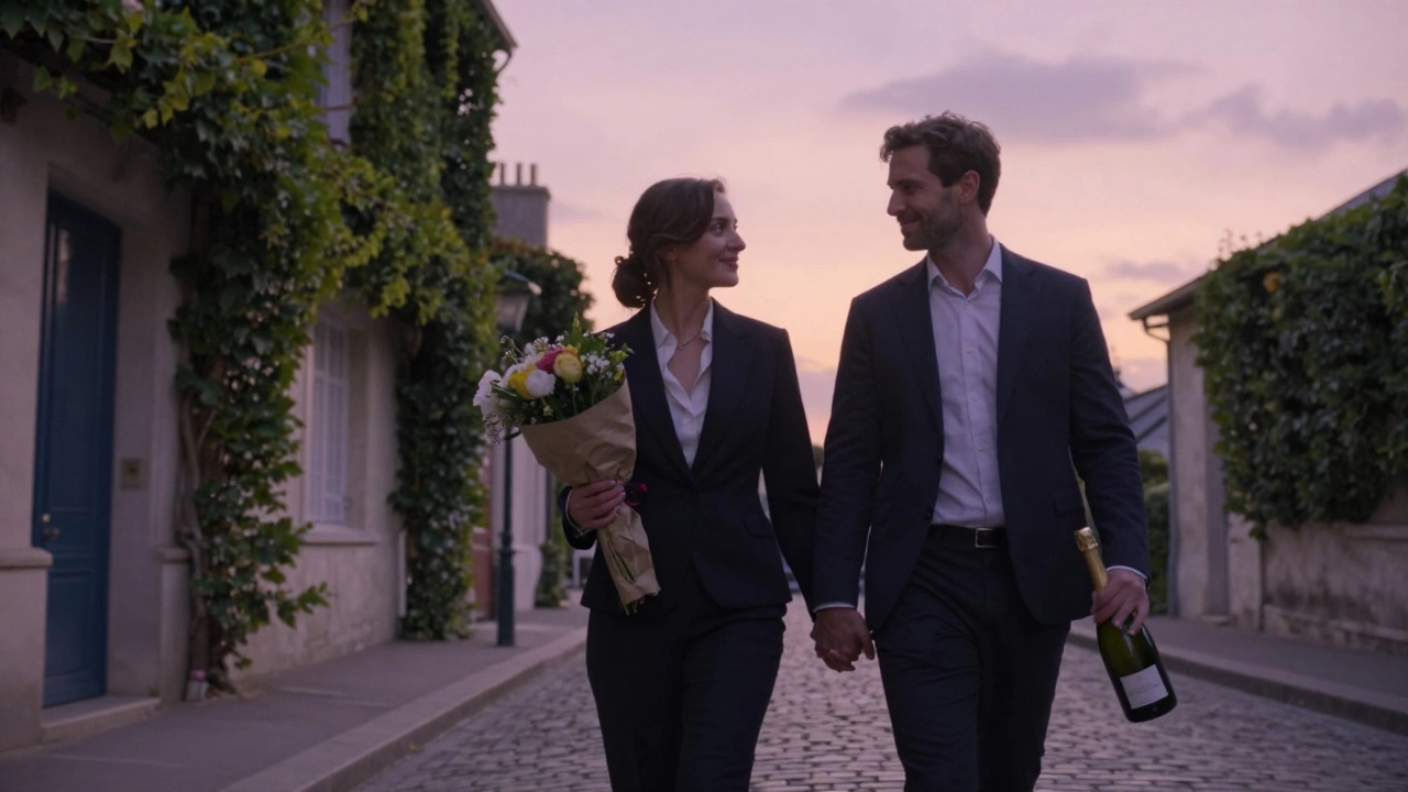 A sophisticated pair strolling through Montmartre at dusk, carrying flowers and champagne.