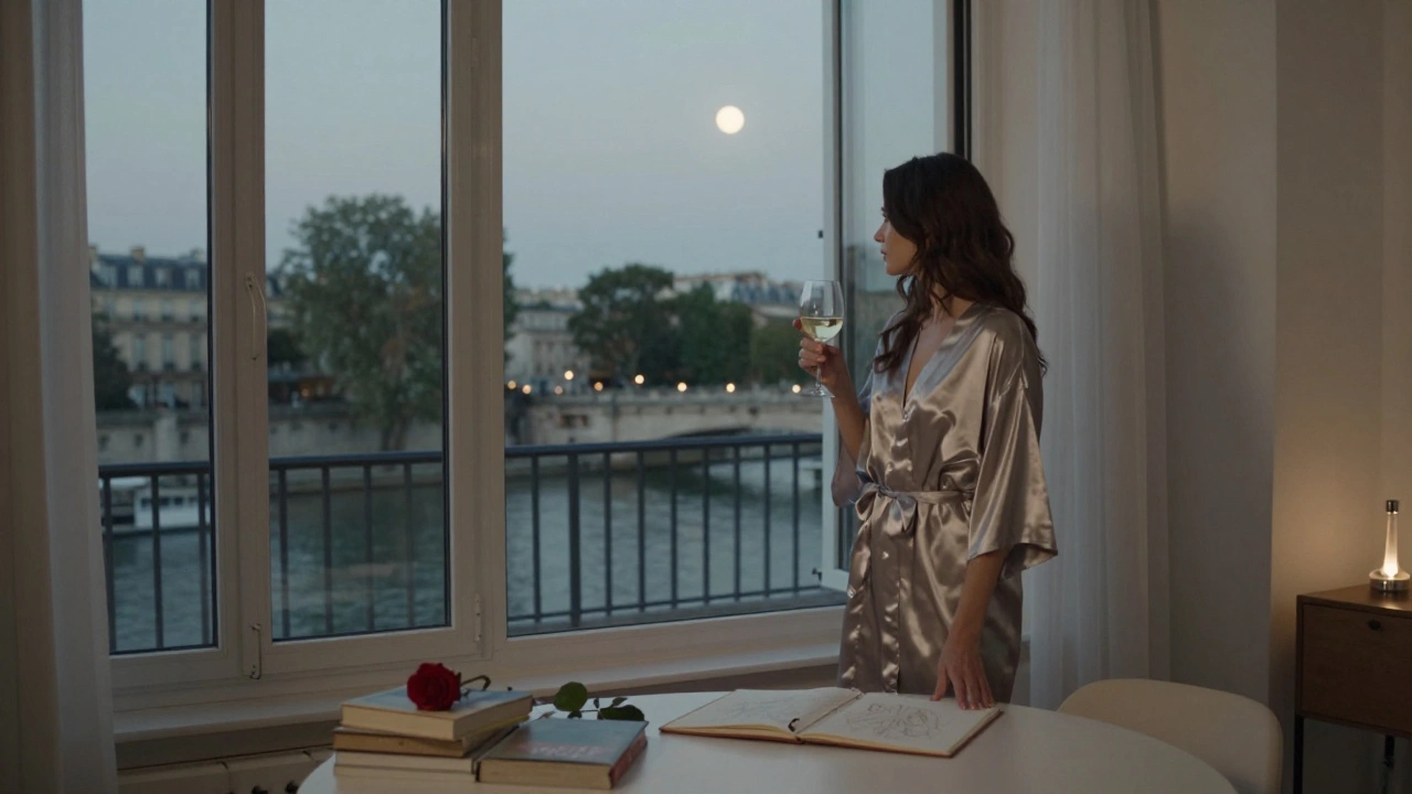 A woman alone in a serene Paris apartment, gazing at the Seine under moonlight.