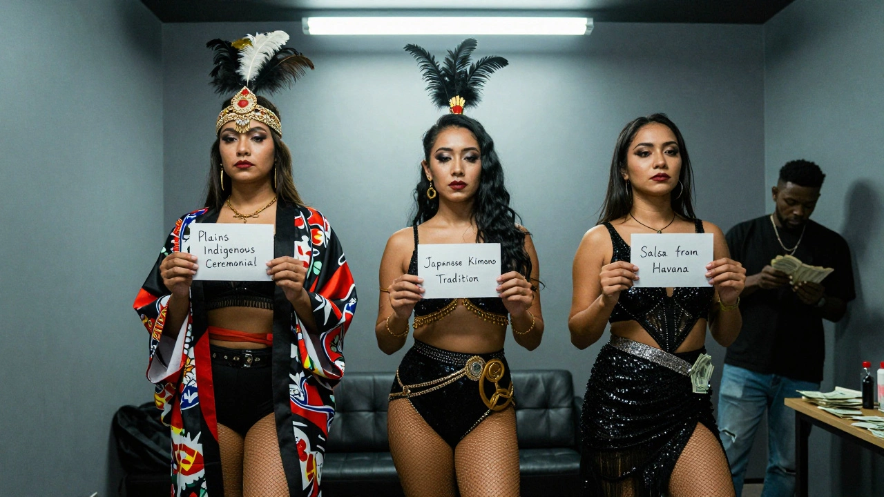 Three dancers hold notes revealing the true origins of their culturally appropriated costumes in a dim backroom.